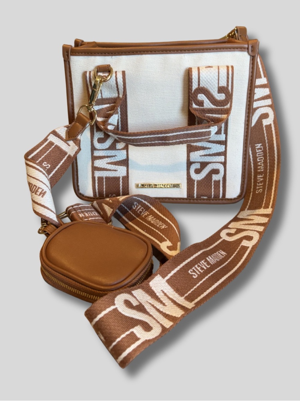 Steve Madden Tan and Cream Canvas Crossbody with Logo Strap